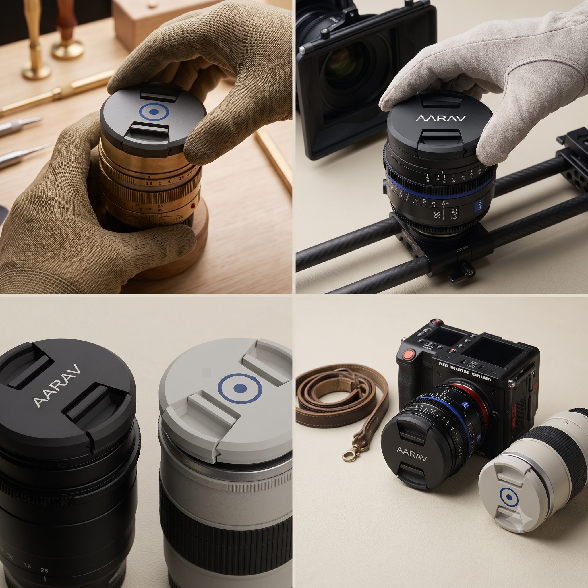 Personalised lens caps on cine and photo lenses, name and mark
